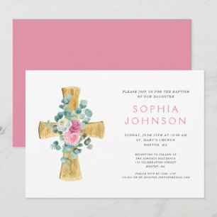 Elegant Religiös Blommig Kors Flicka Dop Inbjudningar