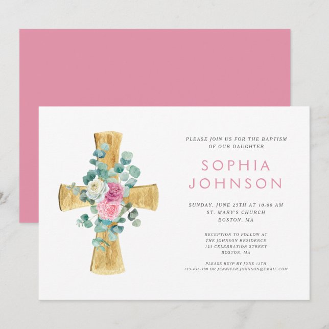 Elegant Religiös Blommig Kors Flicka Dop  Inbjudningar (Fram/baksida)