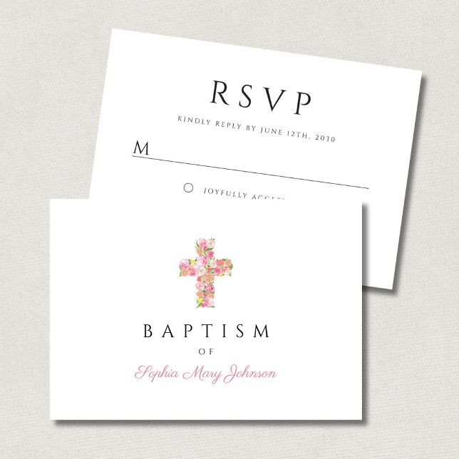 Elegant Religiös Blommig Rosa Kors Flicka Dop OSA Kort (Elegant Religious Floral Pink Cross Girl Baptism RSVP Card)