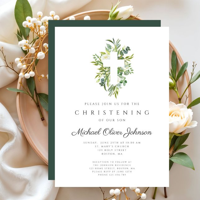 Elegant religiös botanisk dopkorsdop inbjudningar (Elegant Religious Botanical Cross Christening Invitation)