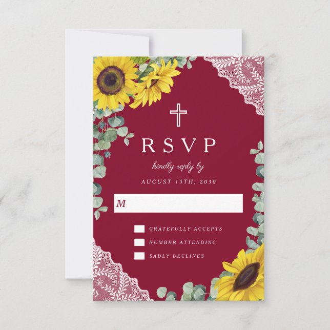 Elegant Religiös Burgunder Solros Bröllop RSVP OSA Kort (Framsida)