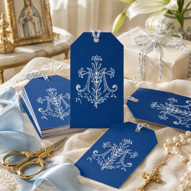 Elegant religiös jungfru Maria blå katolska liljor Presentetikett (Skapare uppladdad)