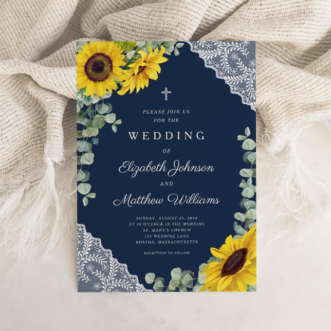 Elegant Religiös Marinblå Solros Bröllop Inbjudningar (Rustic Religious Navy Blue Sunflower Wedding Invitation)