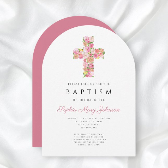 Elegant Religiös Rosa Blommig Kors Dop Ark Inbjudningar (Elegant Religious Pink Floral Cross Baptism Arch Invitation)