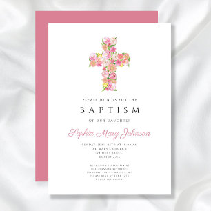Elegant religiös rosa blomsterkors dop inbjudningar