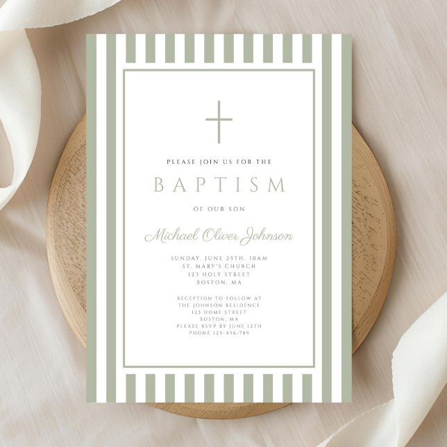 Elegant Religiös Salvia Grön Pojke Dop Inbjudningar (Elegant Religious Sage Green Boy Baptism Invitation)