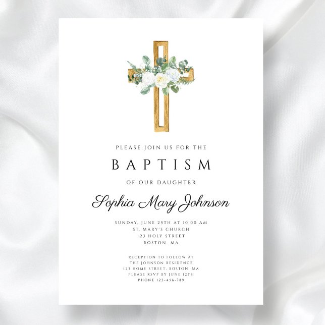 Elegant Religiös Vit Blommig Flickas Dop Inbjudningar (Elegant Religious White Floral Girl Baptism Invitation)