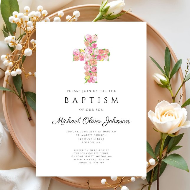 Elegant Religiösa Blommigt Rosa Kor Baptism Inbjudningar (Elegant Religious Floral Pink Cross Baptism Invitation)