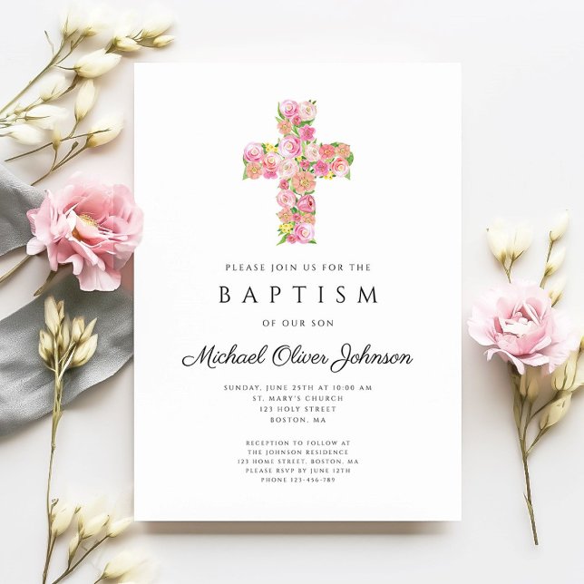 Elegant Religiösa Blommigt Rosa Kor Baptism Inbjudningar (Elegant Religious Floral Pink Cross Baptism Invitation)