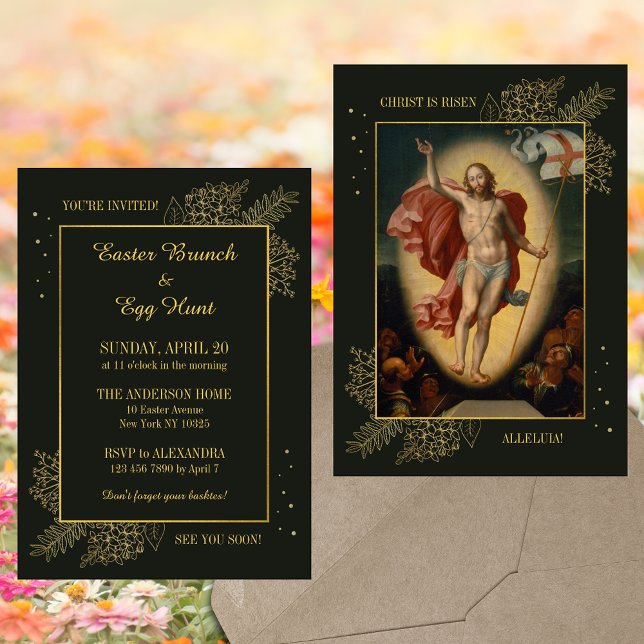 Elegant Religiösa Christian Påsk Brunch Egg Hunt Inbjudningar (Elegant Religious Painting Christian Catholic Easter Resurrection Jesus Brunch Egg Hunt Invitation)
