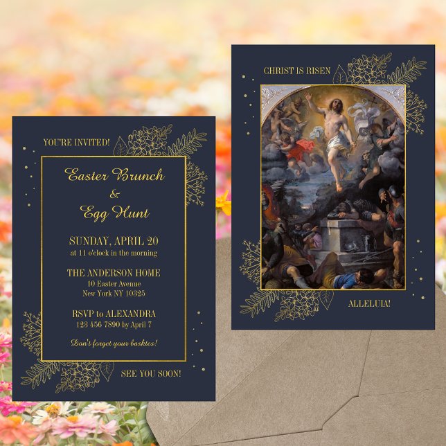Elegant Religiösa Christian Påsk Brunch Egg Hunt Inbjudningar (Baroque Elegant Religious Christian Catholic Resurrection of Jesus Easter Brunch Egg Hunt Invitation)