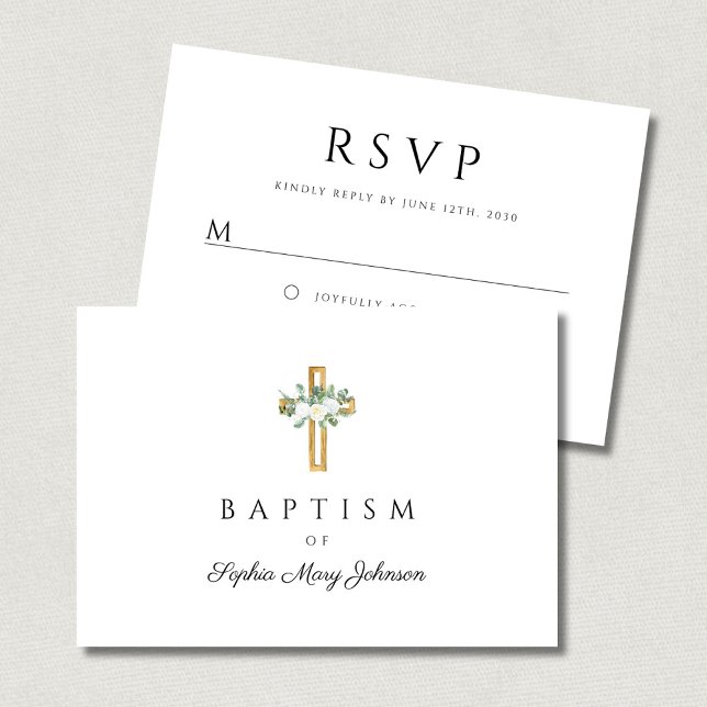 Elegant Religiösa Kor Blommigt Baptism OSA Kort (Elegant Religious Cross Floral Baptism RSVP Card)
