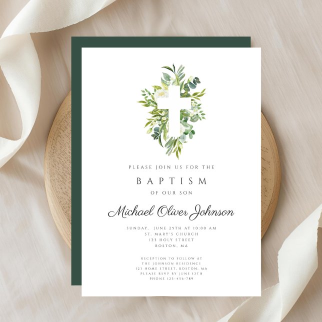 Elegant Religiösa Kor Botaniskt baptism Inbjudningar (Elegant Religious Cross Botanical Baptism Invitation)