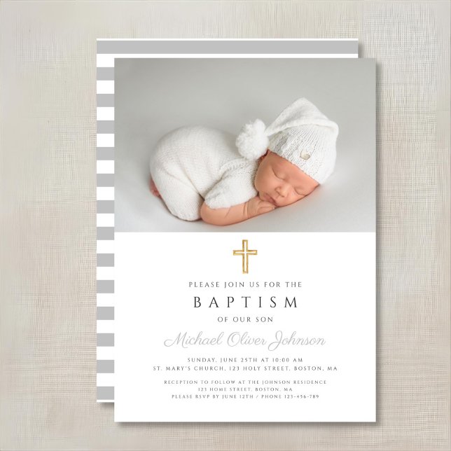 Elegant Religiösa Kor Boy Baptism Photo Inbjudningar (Elegant Religious Cross Boy Baptism Photo Invitation)