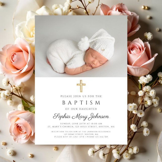 Elegant Religiösa Kor Flickfoto-baptism Inbjudningar (Elegant Religious Cross Girl Photo Baptism Invitation)