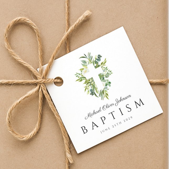 Elegant Religiösa Kor Grönt Botanisk abaptism Gåvor Etiketter (Elegant Religious Cross Green Botanical Baptism Favor Tags)