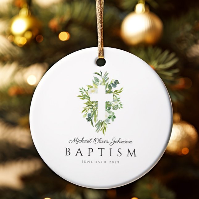 Elegant Religiösa Kor Grönt Botanisk abaptism Julgransprydnad Keramik (Elegant Religious Cross Green Botanical Baptism Ceramic Ornament)