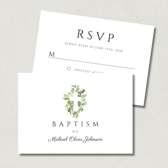 Elegant Religiösa Kor Grönt Botanisk abaptism OSA Kort (Elegant Religious Cross Green Botanical Baptism RSVP Card)