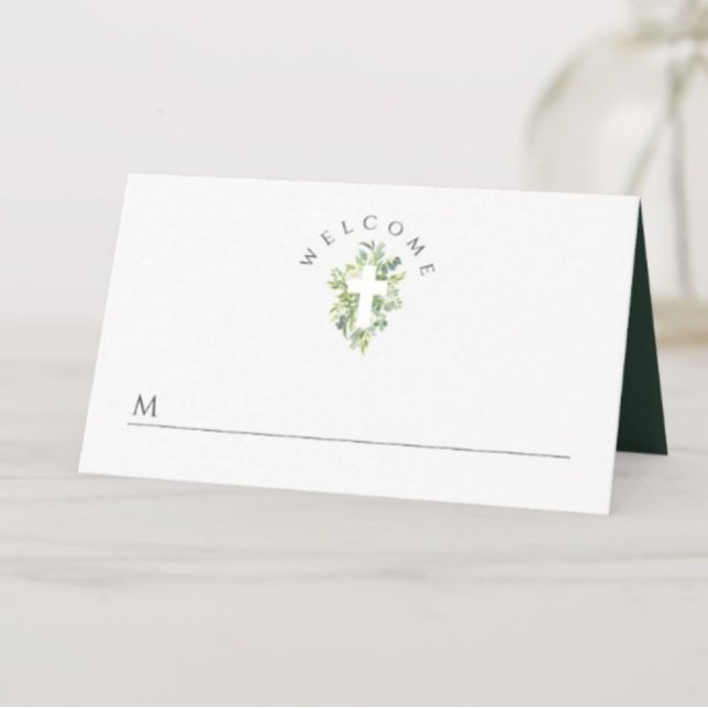 Elegant Religiösa Kor Grönt Botanisk abaptism Placeringskort (Elegant Religious Cross Green Botanical Baptism Place Card)