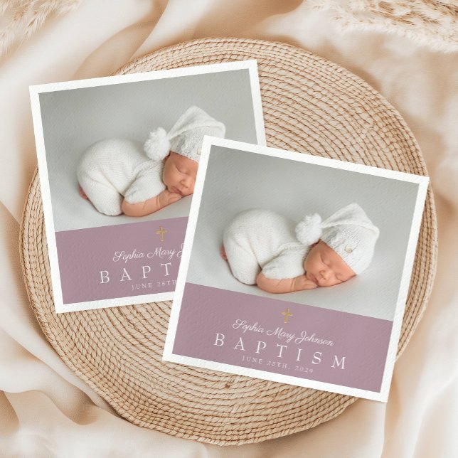 Elegant Religiösa Kor Lila Fotodobaptism i   Pappersservett (Elegant Religious Cross Purple Photo Baptism Napkins)
