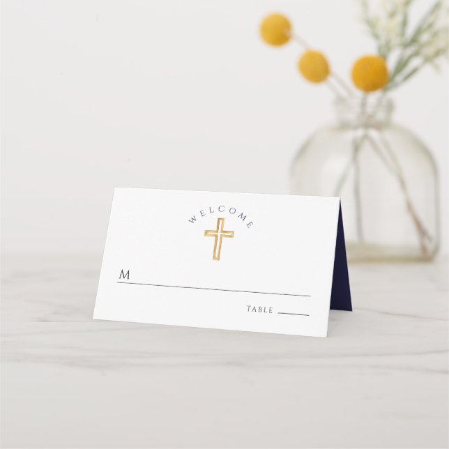 Elegant Religiösa Kor Navy Blue Boy Baptism Placeringskort (Framsida)