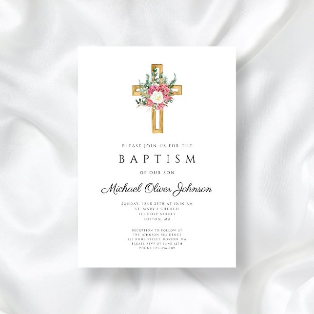 Elegant Religiösa Kor Rosa Blommigt Baptism vid  Inbjudningar (Elegant Religious Cross Pink Floral Baptism Invitation)