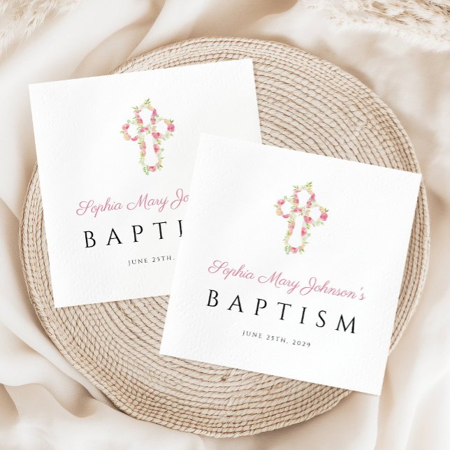 Elegant Religiösa Kor Rosa Blommigt Baptism vid  Pappersservett (Elegant Religious Cross Pink Floral Baptism Napkins)