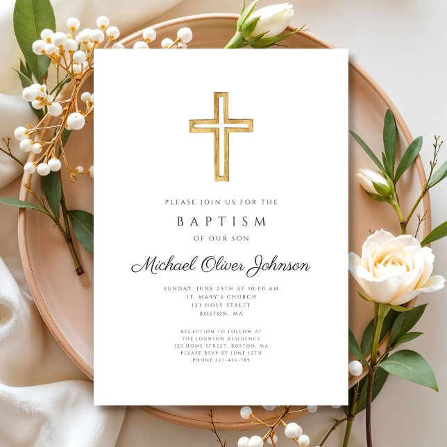 Elegant Religiösa Kor Script Boy Baptism Inbjudningar (Elegant Religious Cross Script Boy Baptism Invitation)
