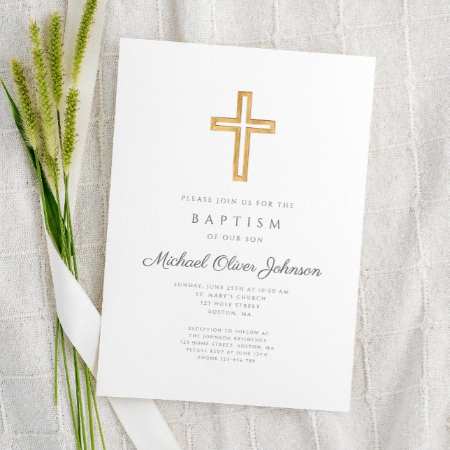 Elegant Religiösa Kor Script Boy Baptism Inbjudningar (Elegant Religious Cross Script Boy Baptism Invitation)