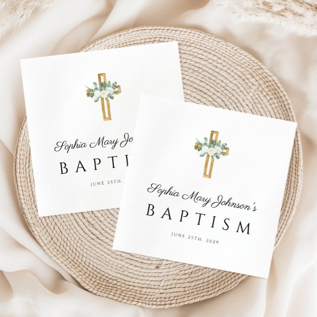 Elegant Religiösa Kor Vit Blommigt Baptism Pappersservett (Elegant Religious Cross White Floral Baptism Napkins)
