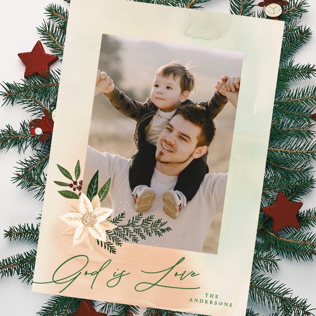 Elegant Religiösa Ram Blommigt Foto Gud är Kärlek Julkort (Skapare uppladdad)