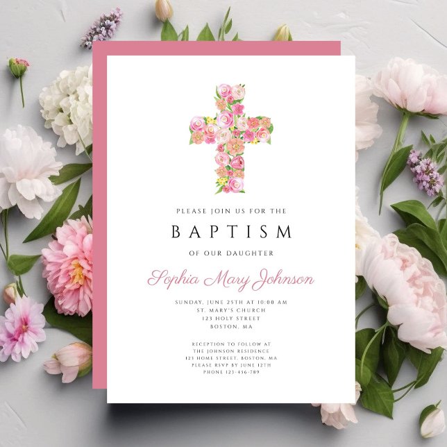 Elegant Religiösa Rosa Blommigt  Kor Baptism Inbjudningar (Elegant Religious Pink Floral Cross Baptism Invitation)