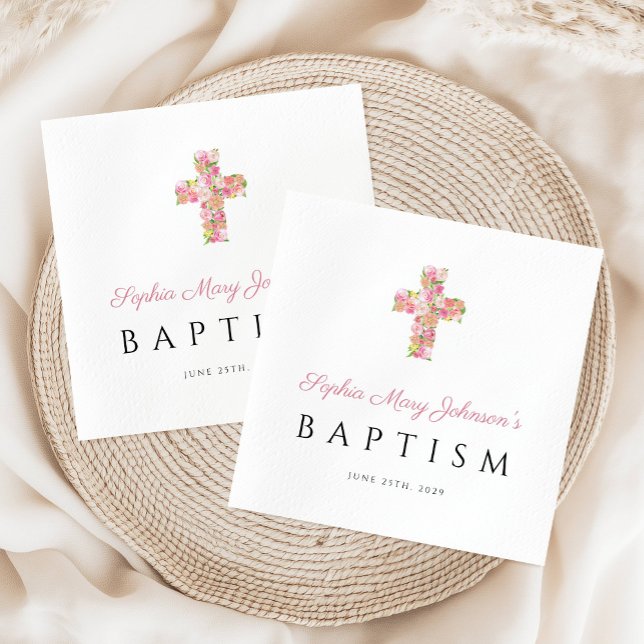 Elegant Religiösa Rosa Blommigt  Kor Baptism Pappersservett (Elegant Religious Pink Floral Cross Baptism Napkins)