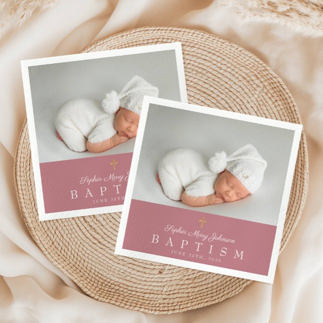 Elegant Religiösa Rosa Kor Photo Girl Baptism Pappersservett (Elegant Religious Cross Pink Photo Girl Baptism Napkins)