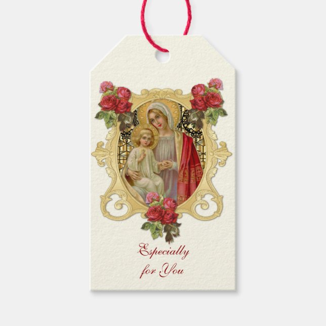 Elegant Religiösa Virgin Mary Jesus Röd ros Presentetikett (Framsidan)