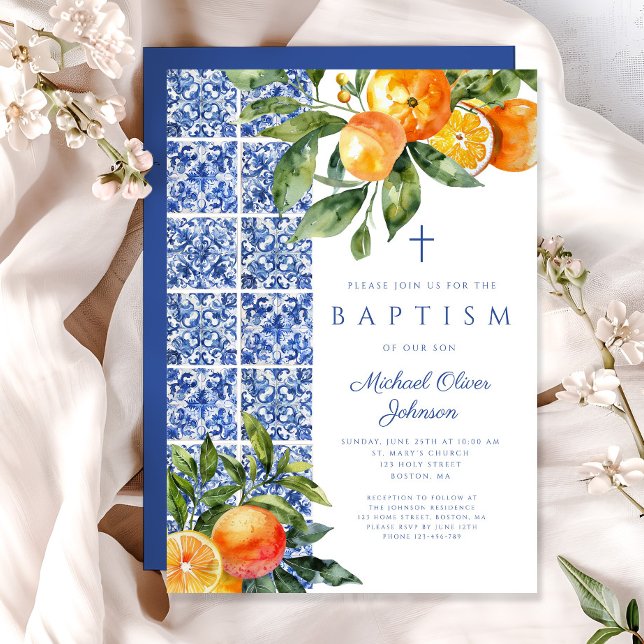 Elegant Religiöst Kors Blå Plattor Dop Inbjudningar (Elegant Religious Cross Blue Tiles Baptism Invitation)