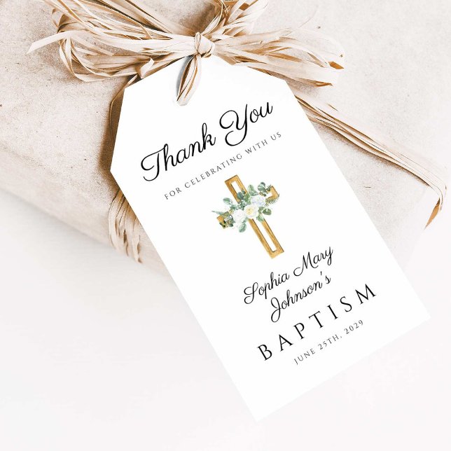 Elegant Religiöst Kors Blommig Dop Tacksamhet Presentetikett (Elegant Religious Cross Floral Baptism Thank You Gift Tags)