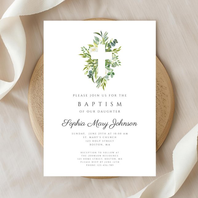 Elegant Religiöst Kors Botaniskt Dop Inbjudningar (Elegant Religious Cross Botanical Baptism Invitation)