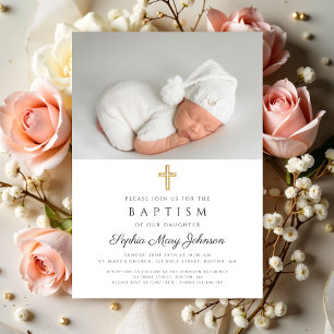 Elegant Religiöst Kors Flicka Foto Dop Inbjudningar