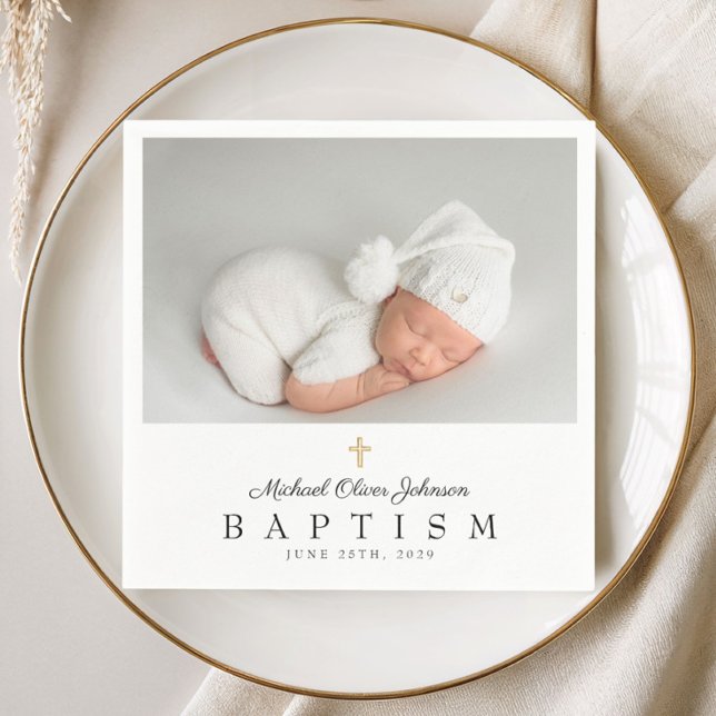 Elegant Religiöst Kors Foto Dop Pappersservett (Elegant Religious Cross Photo Baptism Napkins)