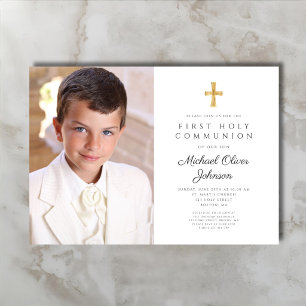 Elegant Religiöst Kors Foto Pojke Första Kommunion Inbjudningar