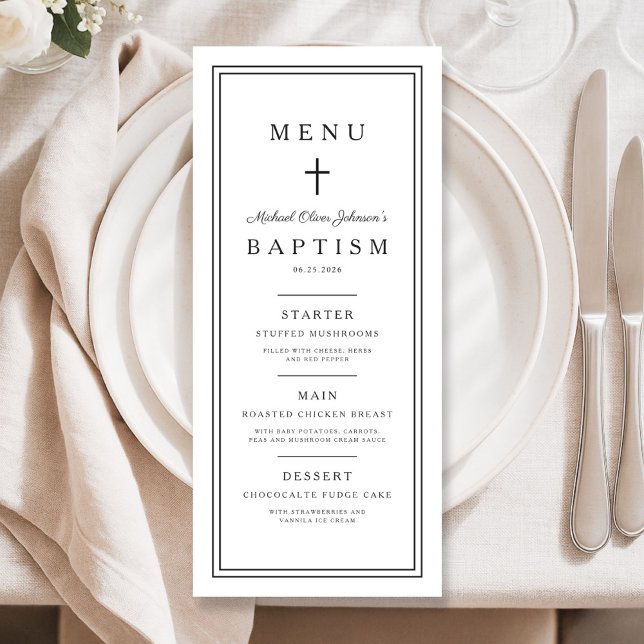 Elegant Religiöst Kors Pojke Dop Meny (Elegant Religious Cross Boy Baptism Menu)