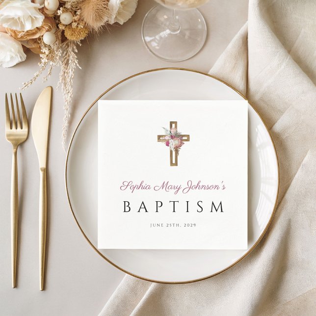 Elegant religiöst kors röd blommig dop pappersservett (Elegant Religious Cross Red Floral Baptism Napkins)