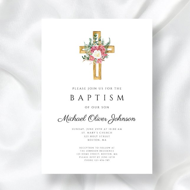 Elegant Religiöst Kors Rosa Blommig Dop  Inbjudningar (Elegant Religious Cross Pink Floral Baptism Invitation)