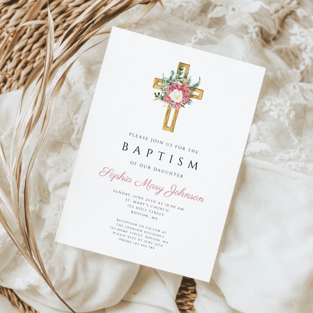 Elegant Religiöst Kors Rosa Blommig Flickas Dop  Inbjudningar (Elegant Religious Cross Pink Floral Girl Baptism Invitation)