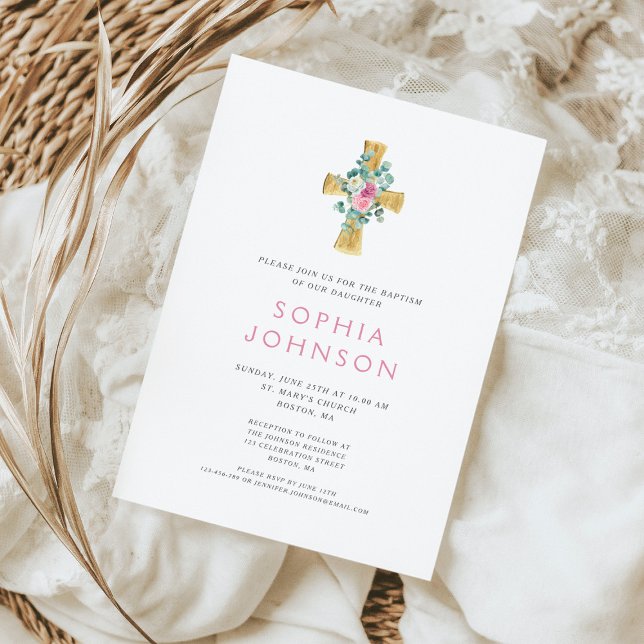 Elegant Religiöst Kors Rosa Blommig Flickas Dop  Inbjudningar (Elegant Religious Cross Pink Floral Girl Baptism Invitation)