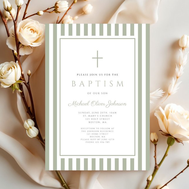 Elegant Religious Sage Green Boy Baptism Inbjudningar (Elegant Religious Sage Green Boy Baptism Invitation)