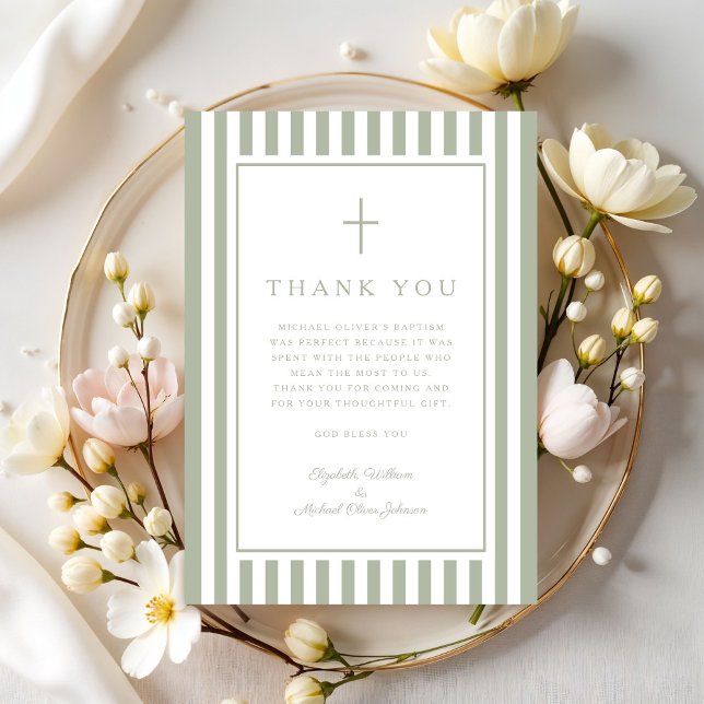 Elegant Religious Sage Green Boy Baptism Tack Kort (Elegant Religious Sage Green Boy Baptism Thank You Card)