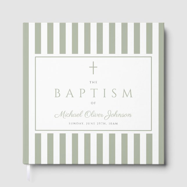 Elegant Religious Sage Green Stripes Baptism Gästböcker (Framsida)