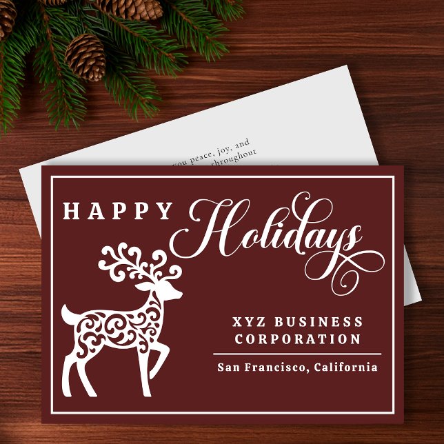 Elegant Ren Glad Jul Affärsverksamhet Julkort (Elegant white reindeer business holiday card on a rich deep burgundy (oxblood) background.)